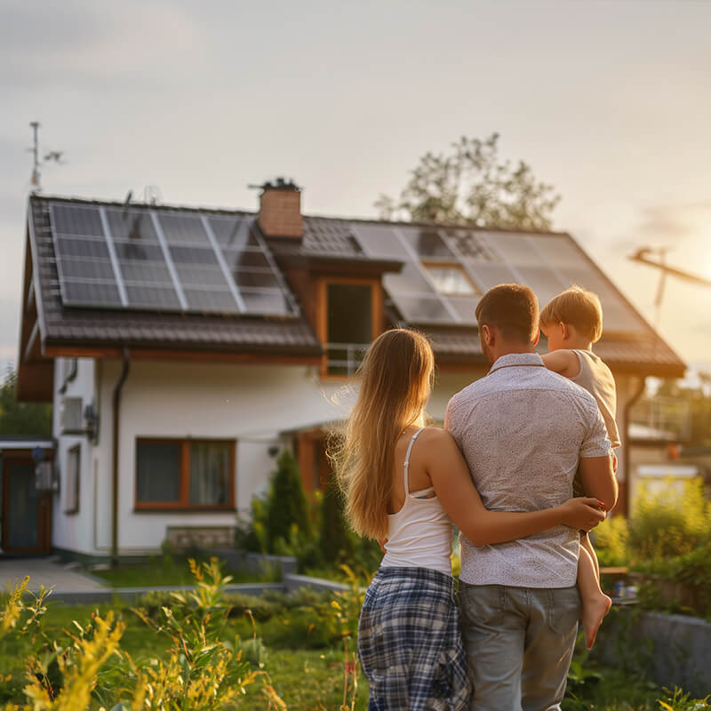 Ein Paar mit Kind steht im Garten und betrachtet stolz ihr Haus mit einer installierten Solaranlage bei Sonnenuntergang