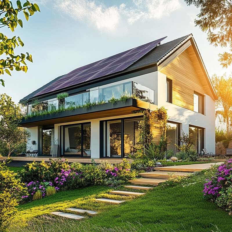 Ein modernes Haus mit Solarenergie, umgeben von einem gepflegten Garten bei sonnigem Wetter
