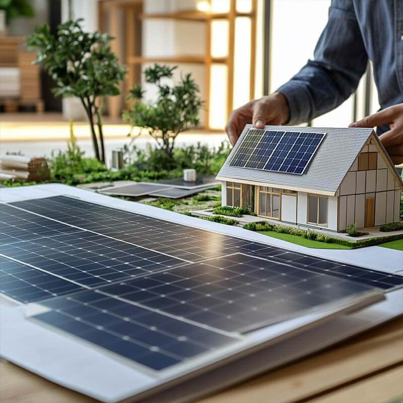 Nahaufnahme eines Miniaturmodells eines Hauses mit Solaranlage auf dem Dach, ideal zur Veranschaulichung von Solarenergieprojekten
