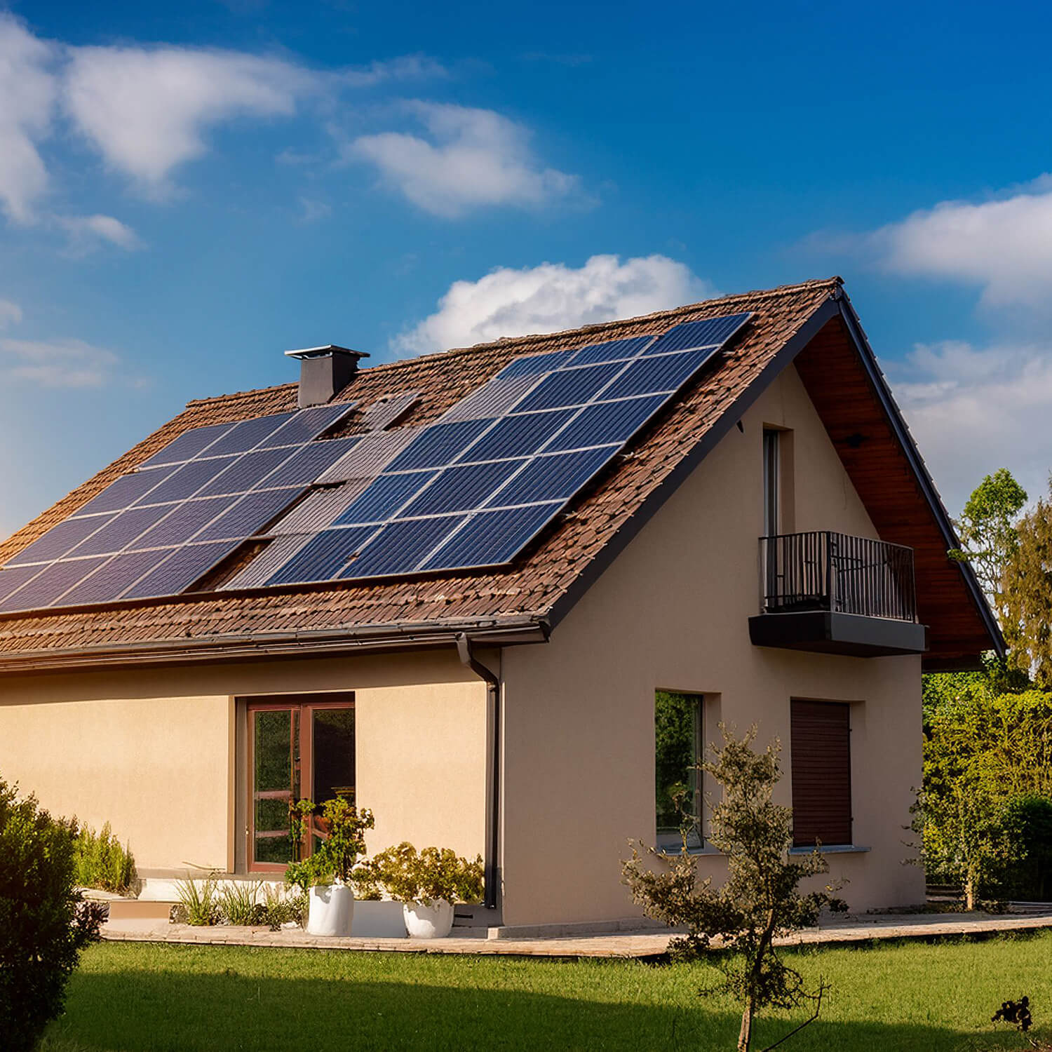 Ein Einfamilienhaus mit einer hochwertigen Solaranlage auf dem Dach, umgeben von einem grünen Garten