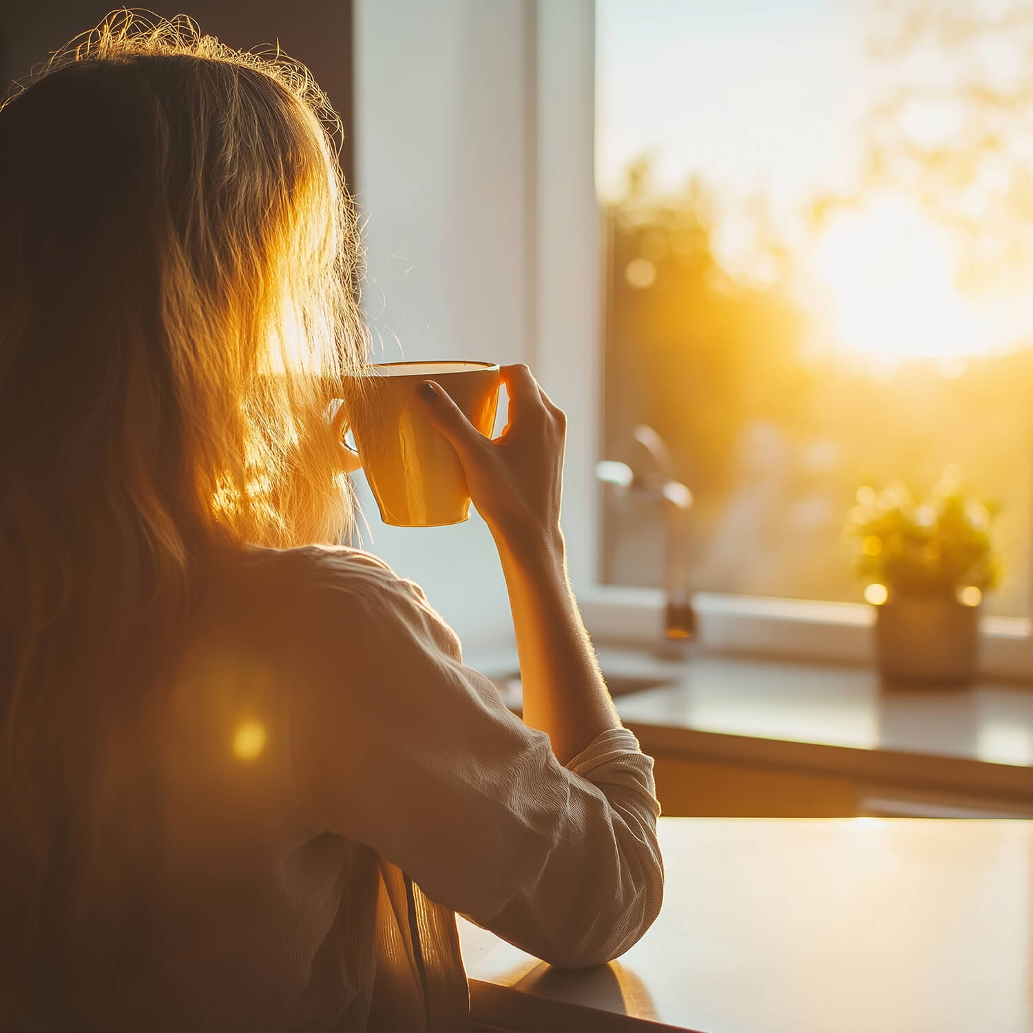Frau genießt ihren Kaffee am Fenster mit Blick auf die Sonne, Symbol für saubere Energie